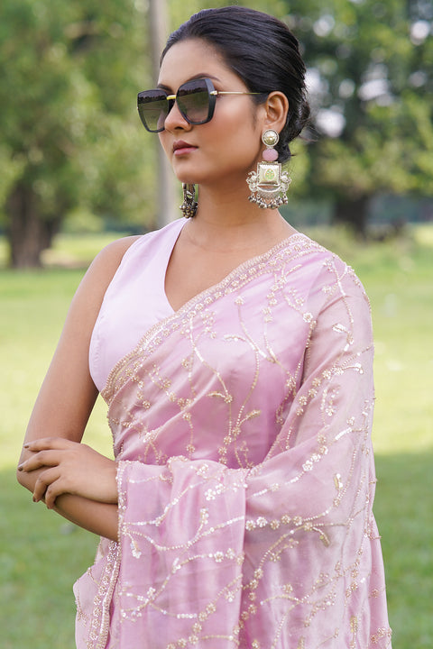 Blush Glow – Pink Saree with Sequin & Beads