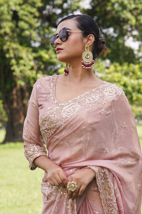 Pink Saree with Gleaming Beads Pink & white Edition