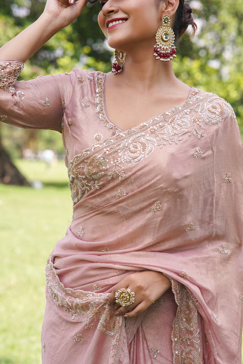 Pink Saree with Gleaming Beads Pink & white Edition