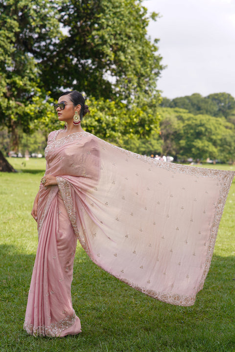 Pink Saree with Gleaming Beads Pink & white Edition