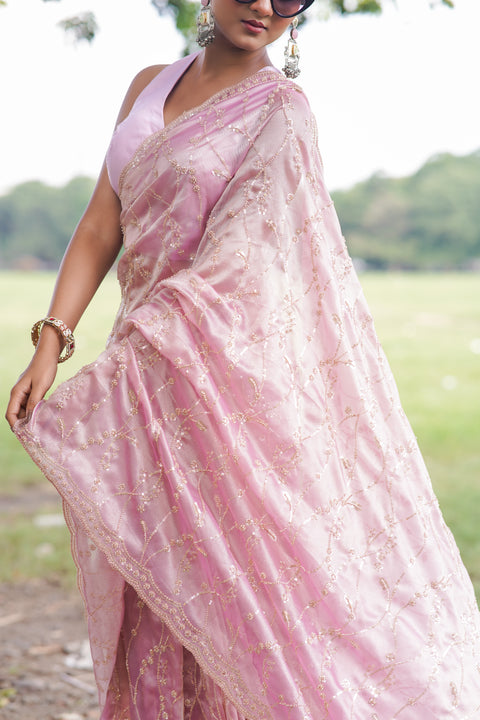 Blush Glow – Pink Saree with Sequin & Beads