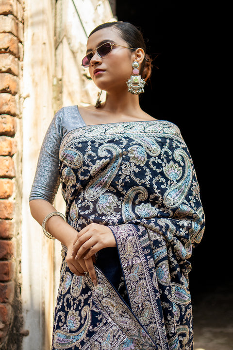 Blue Embroidered Grace saree with Zari Enchantment