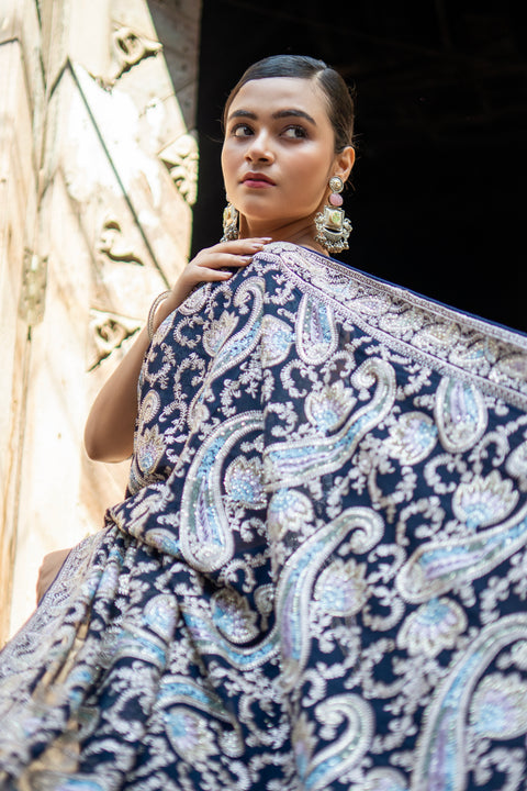 Blue Embroidered Grace saree with Zari Enchantment