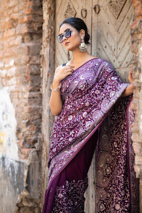 Wine Whisper Threaded & Zari Work Elegance
