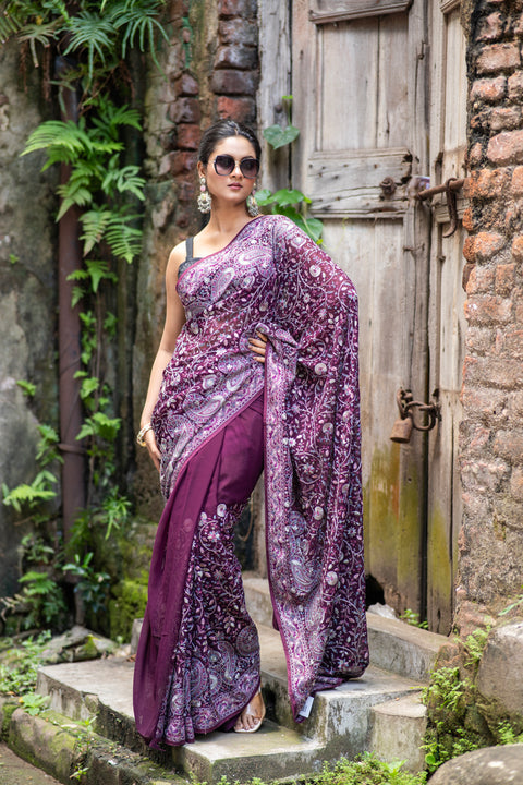 Wine Whisper Threaded & Zari Work Elegance