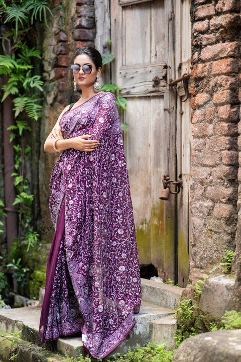 Wine Whisper Threaded & Zari Work Elegance