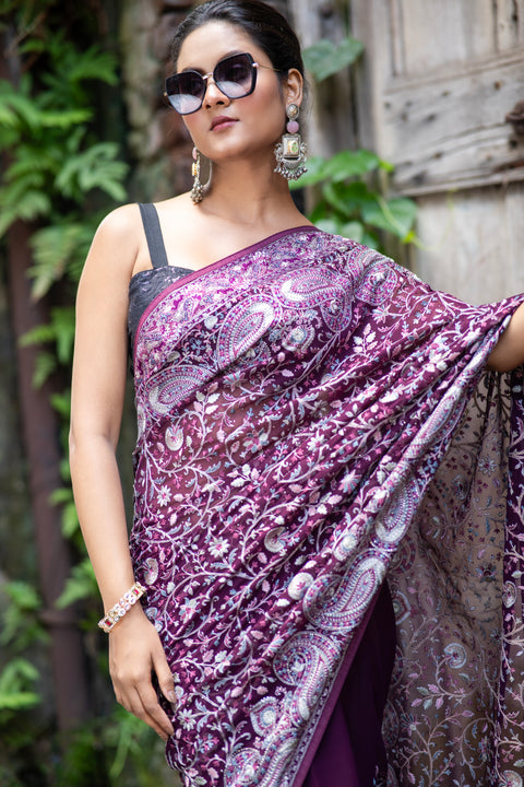 Wine Whisper Threaded & Zari Work Elegance