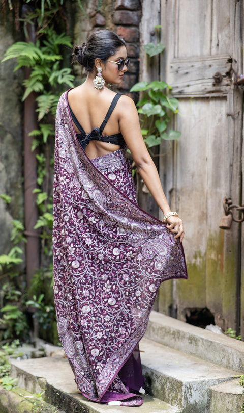 Wine Whisper Threaded & Zari Work Elegance