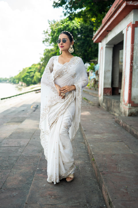 Snow Spark - White Imported Georgette Drape