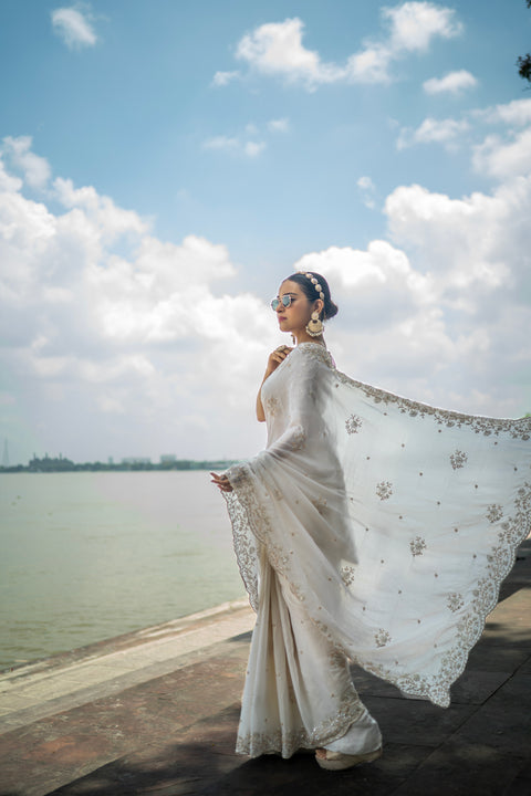 Snow Spark - White Imported Georgette Drape