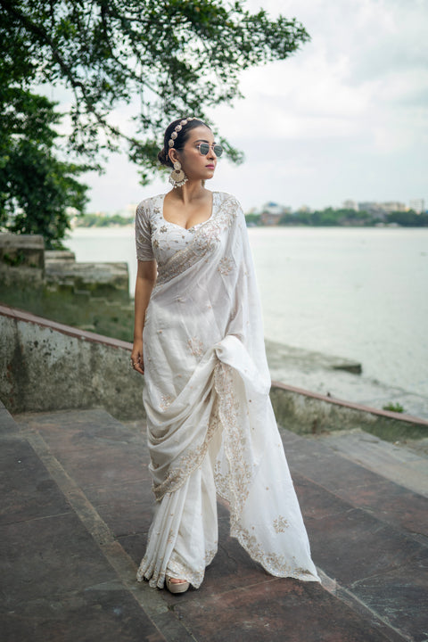 Snow Spark - White Imported Georgette Drape