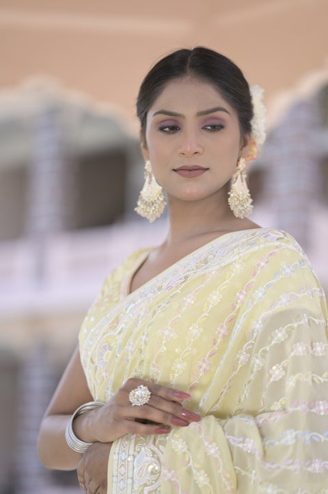 Yellow Multi-Resam Sequins Embroidery Saree