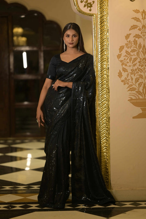 Black Self Thread Sequins Embroidery Saree