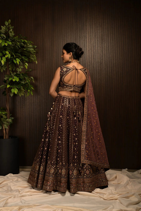Wine Resam Zari Embroidery Lehenga