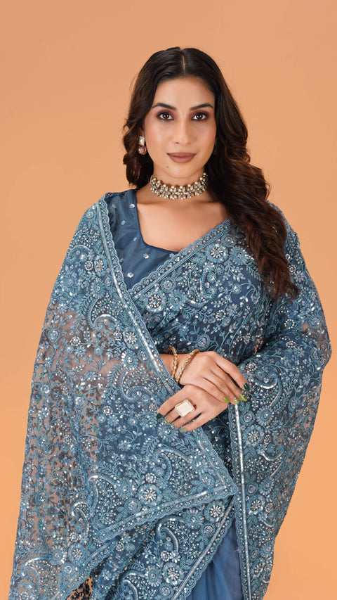Mesmerizing Blue Net Saree with Coding and Shimmering Sequins
