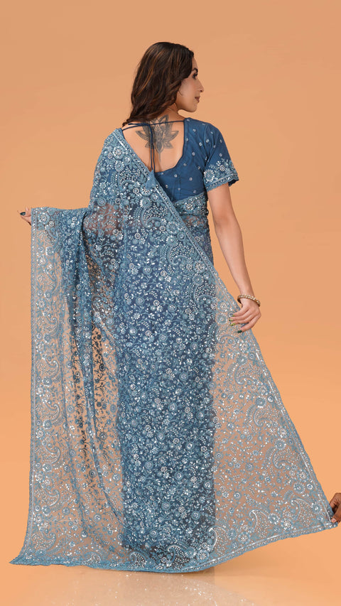 Mesmerizing Blue Net Saree with Coding and Shimmering Sequins