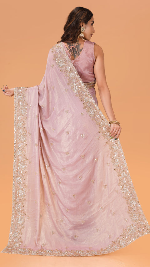 Glamorous Pink Chiffon Saree with Foil, Beads & Sequins
