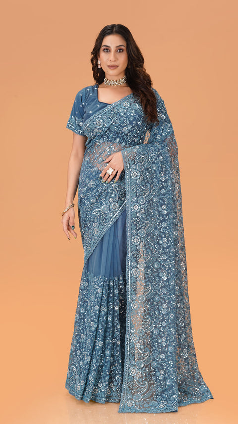 Mesmerizing Blue Net Saree with Coding and Shimmering Sequins