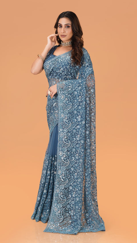 Mesmerizing Blue Net Saree with Coding and Shimmering Sequins