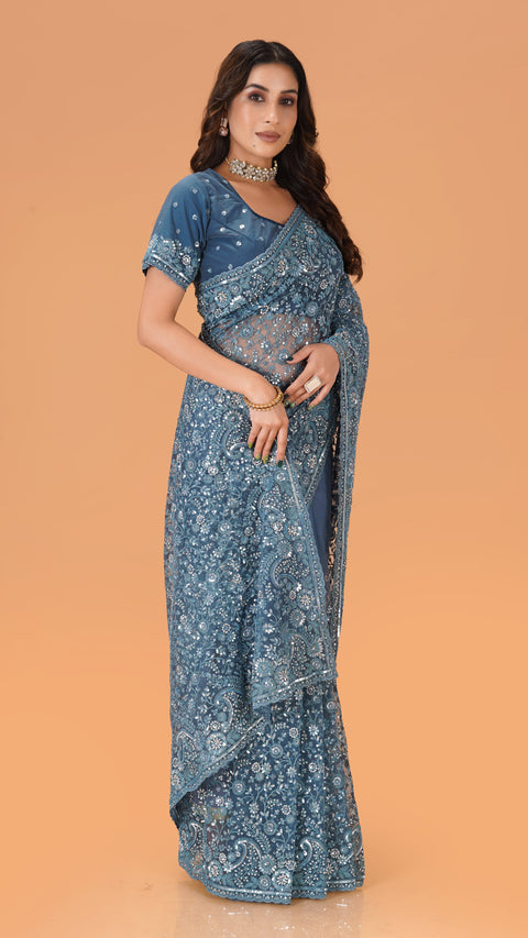 Mesmerizing Blue Net Saree with Coding and Shimmering Sequins