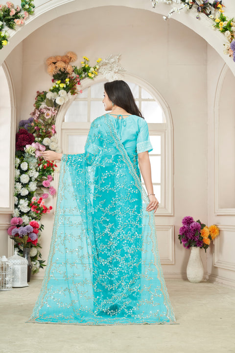 Mystic Cyan Net Saree with Golden Shine