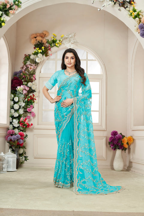 Mystic Cyan Net Saree with Golden Shine