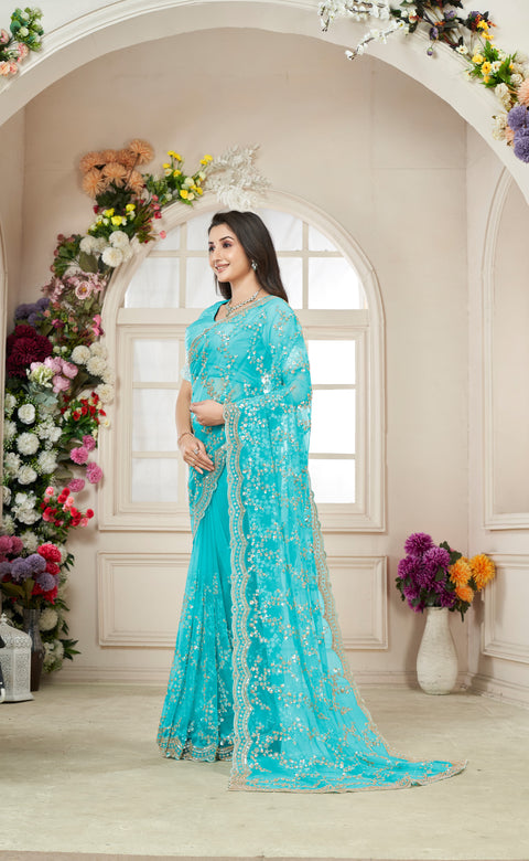 Mystic Cyan Net Saree with Golden Shine