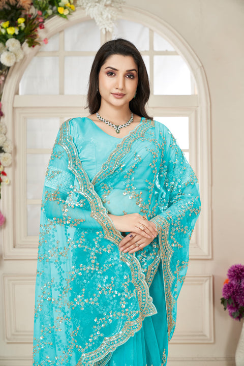 Mystic Cyan Net Saree with Golden Shine