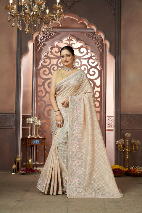 Elegant Beige Organza Saree with Resham