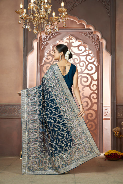 Peacock Georgette Saree – Resham, Zari & Swarovski Elegance