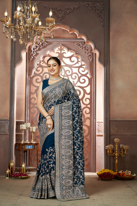 Peacock Georgette Saree – Resham, Zari & Swarovski Elegance
