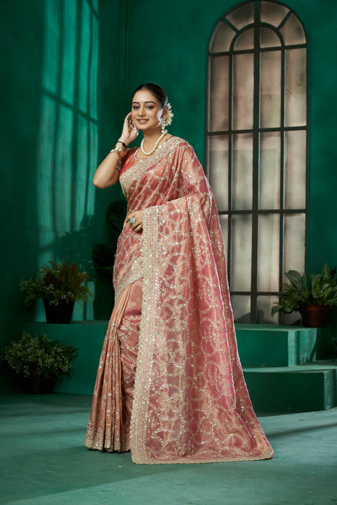Pink Organza Saree – Ethereal Beauty with Sequins & Moti Elegance