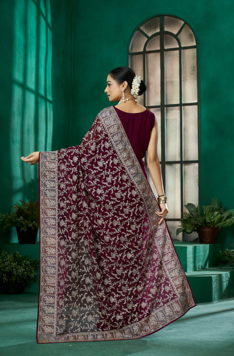 Wine Georgette Saree – Luxe Touch