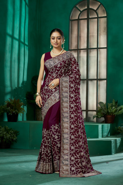 Wine Georgette Saree – Luxe Touch