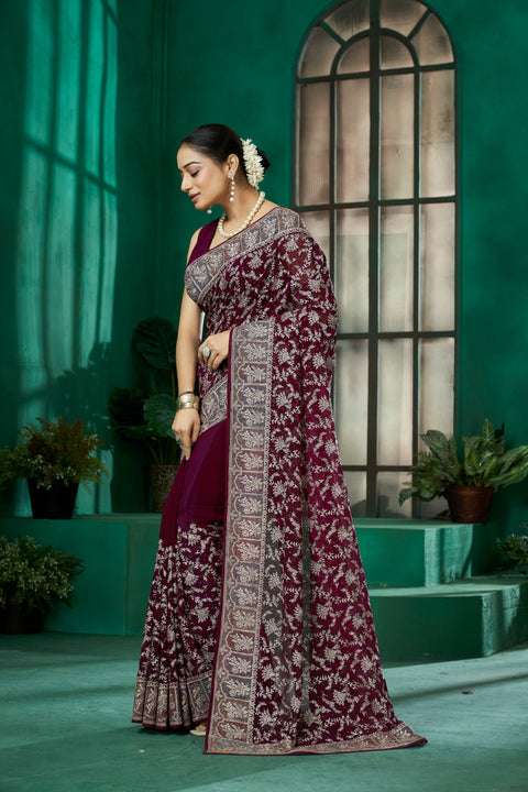 Wine Georgette Saree – Luxe Touch