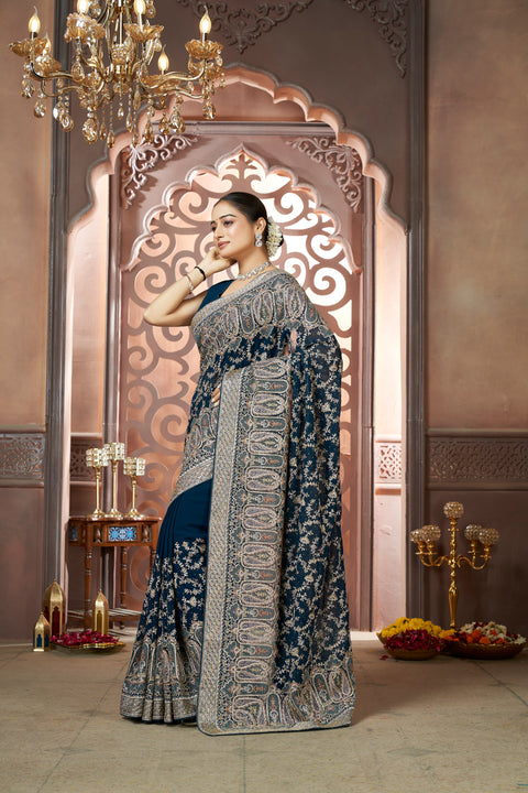 Peacock Georgette Saree – Resham, Zari & Swarovski Elegance