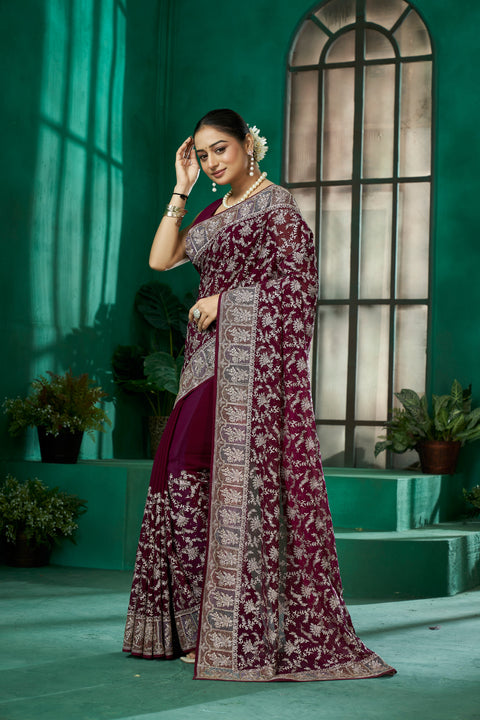 Wine Georgette Saree – Luxe Touch