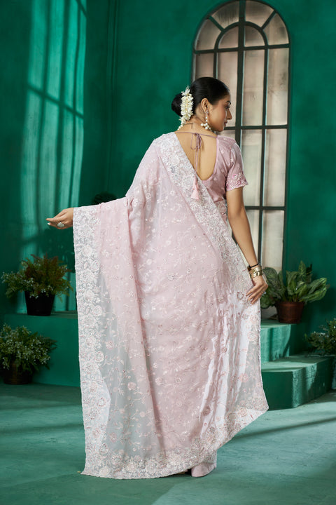 Pink Georgette Saree – Sparkling Resham & Sequins Elegance