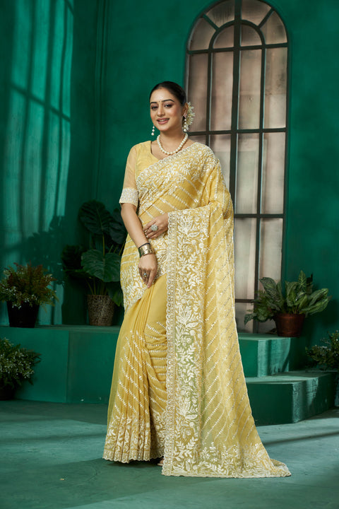 Radiant Yellow Organza Saree with Resham
