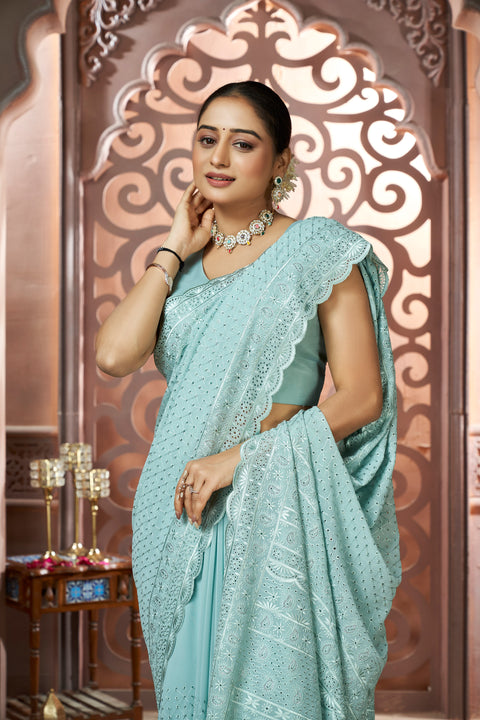 Firozi Georgette Semi-Bridal Saree
