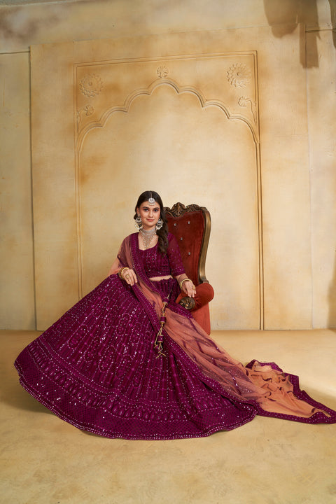Wine Self Resam Heavy Sequins Embroidery Lehenga
