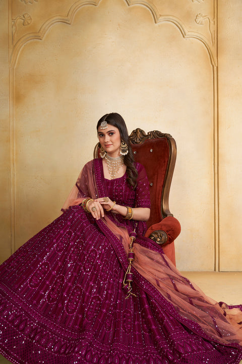 Wine Self Resam Heavy Sequins Embroidery Lehenga