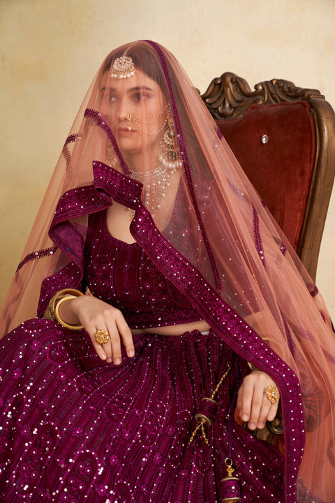 Wine Self Resam Heavy Sequins Embroidery Lehenga