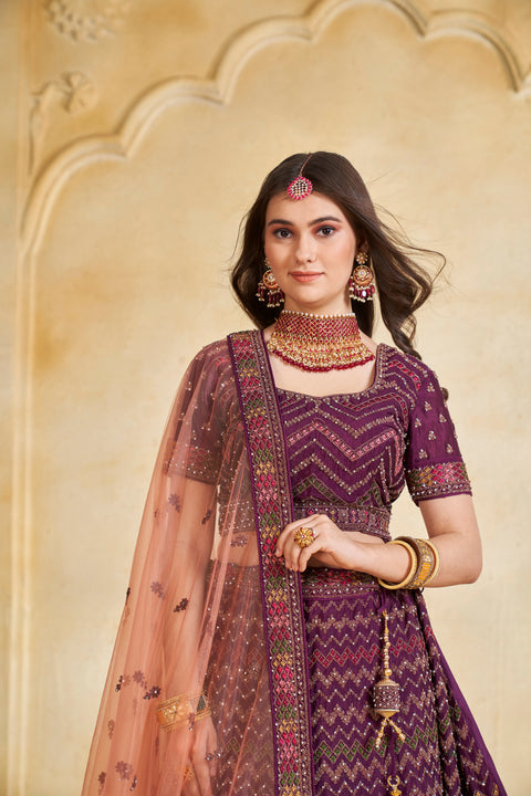 Wine Multi-Coding Embroidery Lehenga with Jarkan