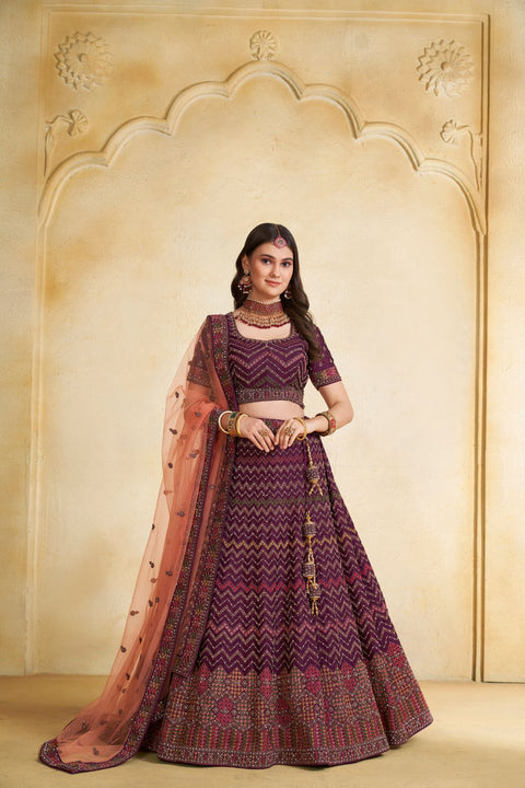 Wine Multi-Coding Embroidery Lehenga with Jarkan