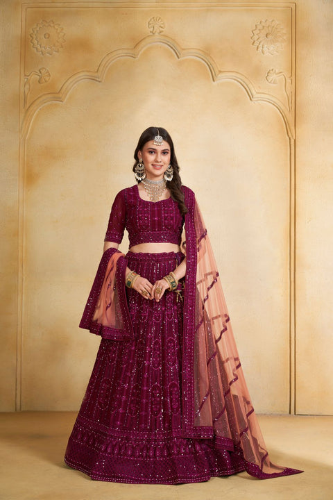 Wine Self Resam Heavy Sequins Embroidery Lehenga